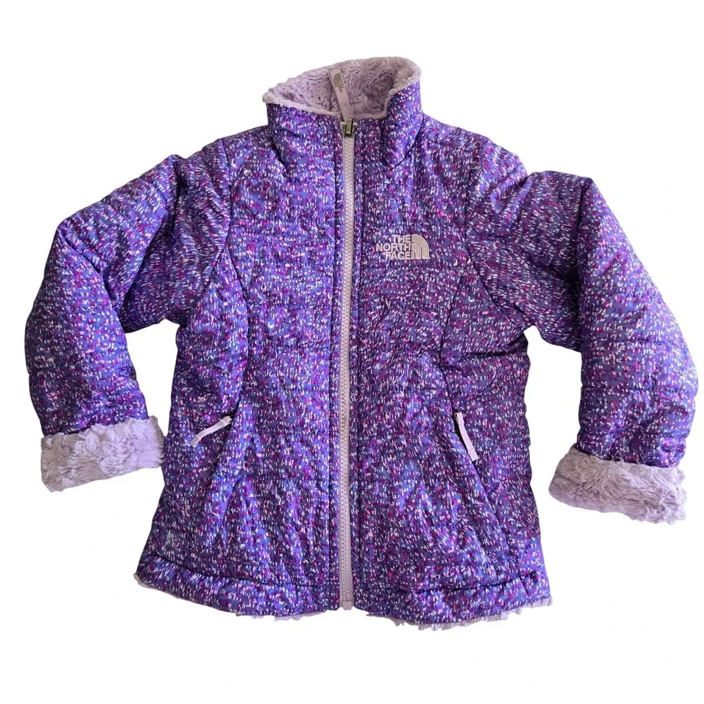 The North Face XXS 5 Reversible Puffer Jacket Girls Purple Pixel Print Fleece